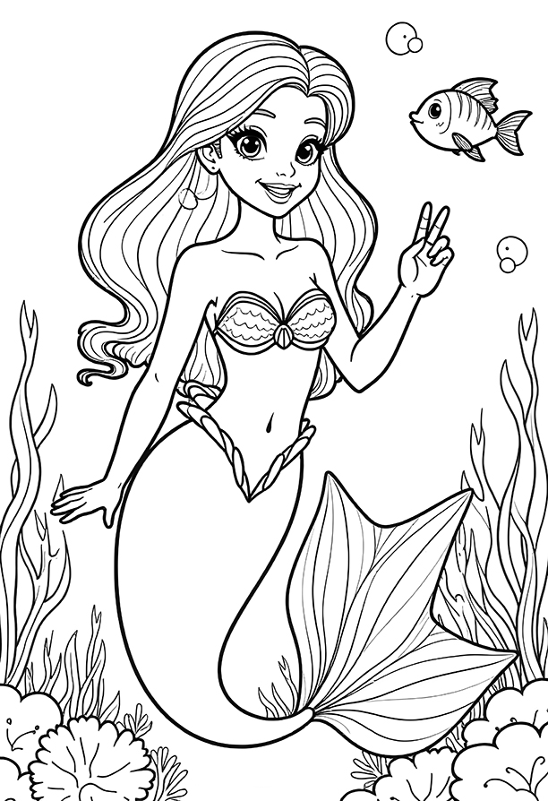 Mermaid showing winning sign coloring page